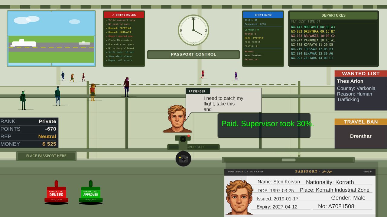 The passport control desk with entry rules, wanted list and departures board